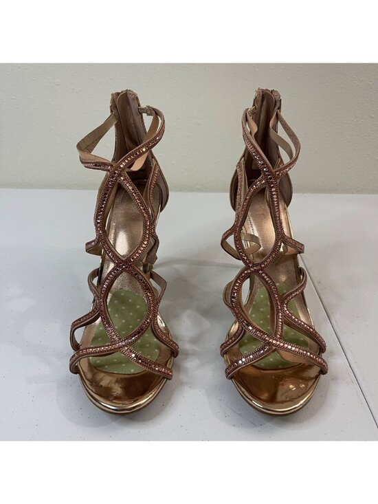 ALDO Strappy Metallic Gold Heeled Sandals With Rhinestone Accents Peep Toe - Picture 4 of 11